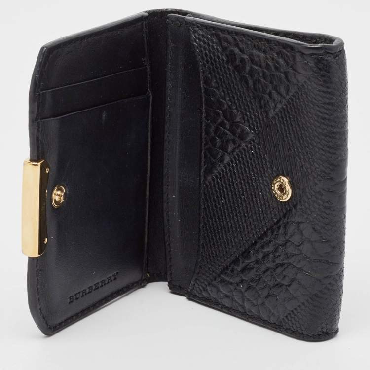 Pre Owned Burberry Black Embossed Check Leather Flap Card Case