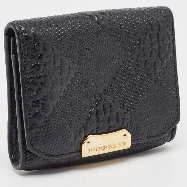 Pre Owned Burberry Black Embossed Check Leather Flap Card Case