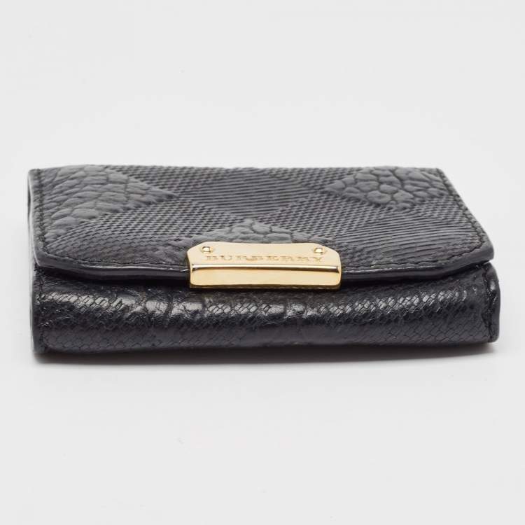 Pre Owned Burberry Black Embossed Check Leather Flap Card Case