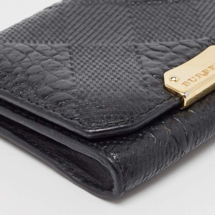 Pre Owned Burberry Black Embossed Check Leather Flap Card Case