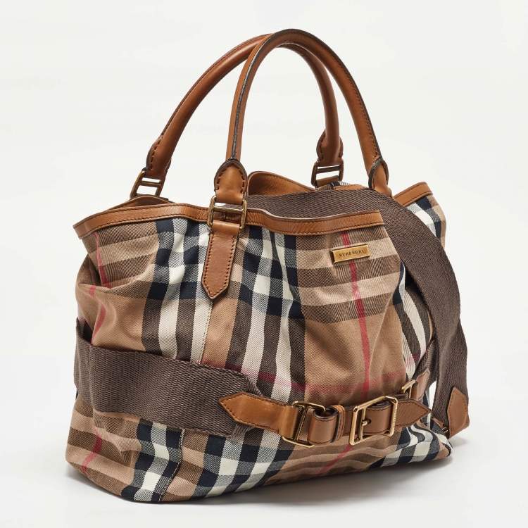 Pre Owned Burberry Beige/Brown House Check Canvas and Leather Aurelia Tote