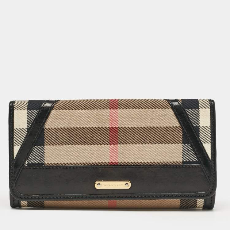 Pre Owned Burberry Black/Beige House Check Fabric and Leather Leighton Continental Wallet