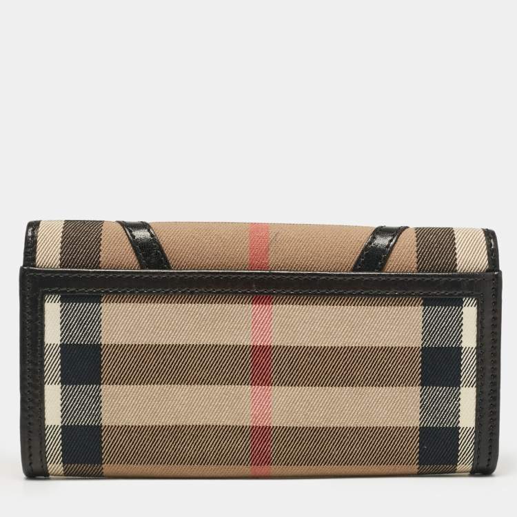 Pre Owned Burberry Black/Beige House Check Fabric and Leather Leighton Continental Wallet