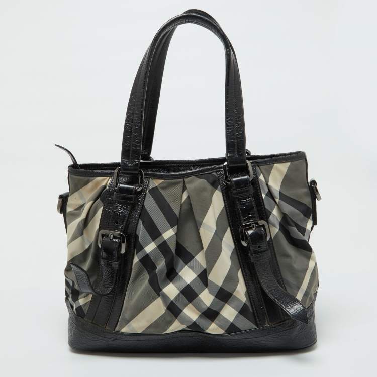 Pre Owned Burberry Grey/Black Beat Check Nylon and Patent Leather Lowry Tote