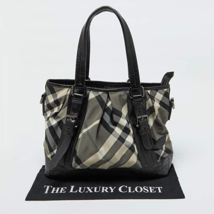 Pre Owned Burberry Grey/Black Beat Check Nylon and Patent Leather Lowry Tote