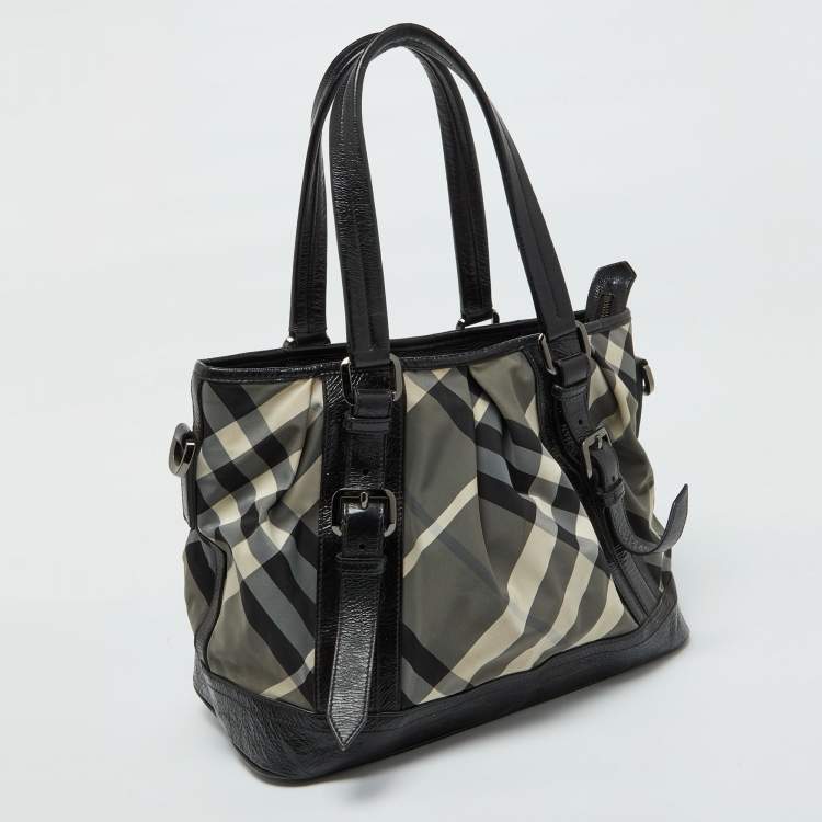 Pre Owned Burberry Grey/Black Beat Check Nylon and Patent Leather Lowry Tote