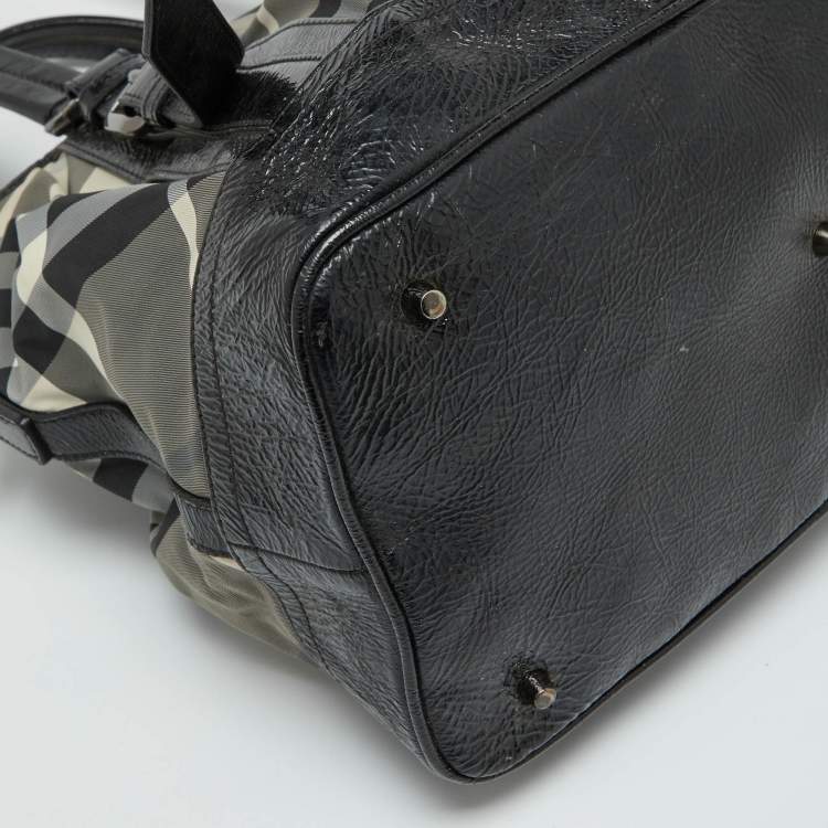 Pre Owned Burberry Grey/Black Beat Check Nylon and Patent Leather Lowry Tote
