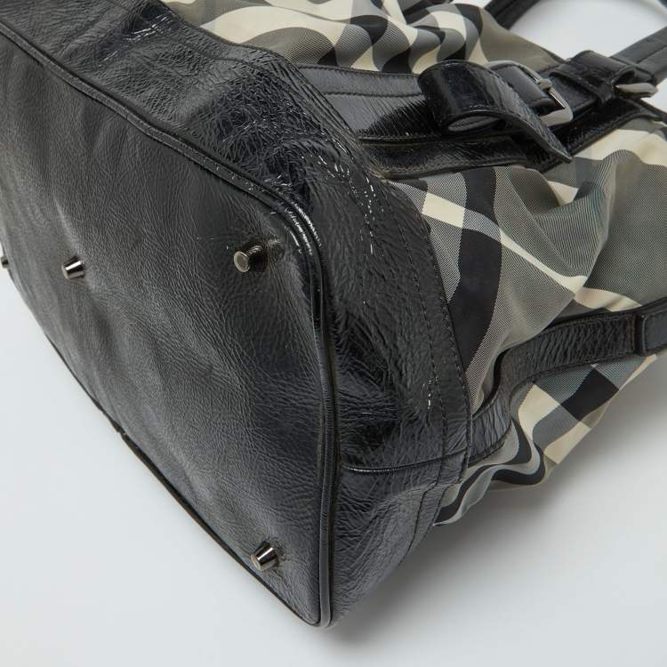 Pre Owned Burberry Grey/Black Beat Check Nylon and Patent Leather Lowry Tote