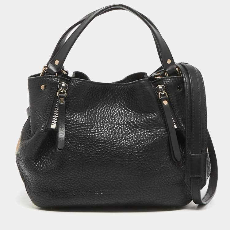 Pre Owned Burberry Black/Beige House Check Canvas and Leather Maidstone Tote