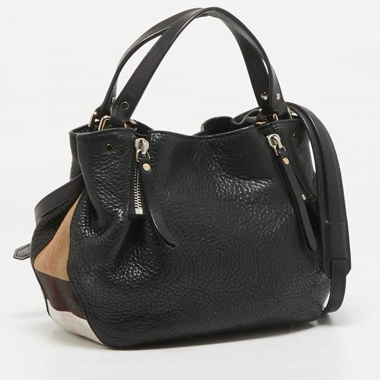 Pre Owned Burberry Black/Beige House Check Canvas and Leather Maidstone Tote