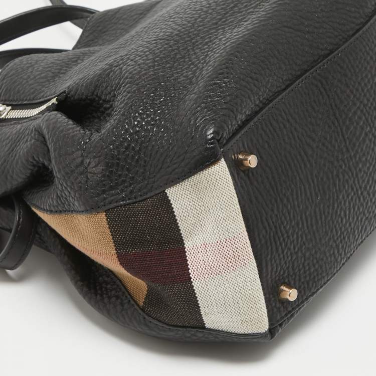 Pre Owned Burberry Black/Beige House Check Canvas and Leather Maidstone Tote