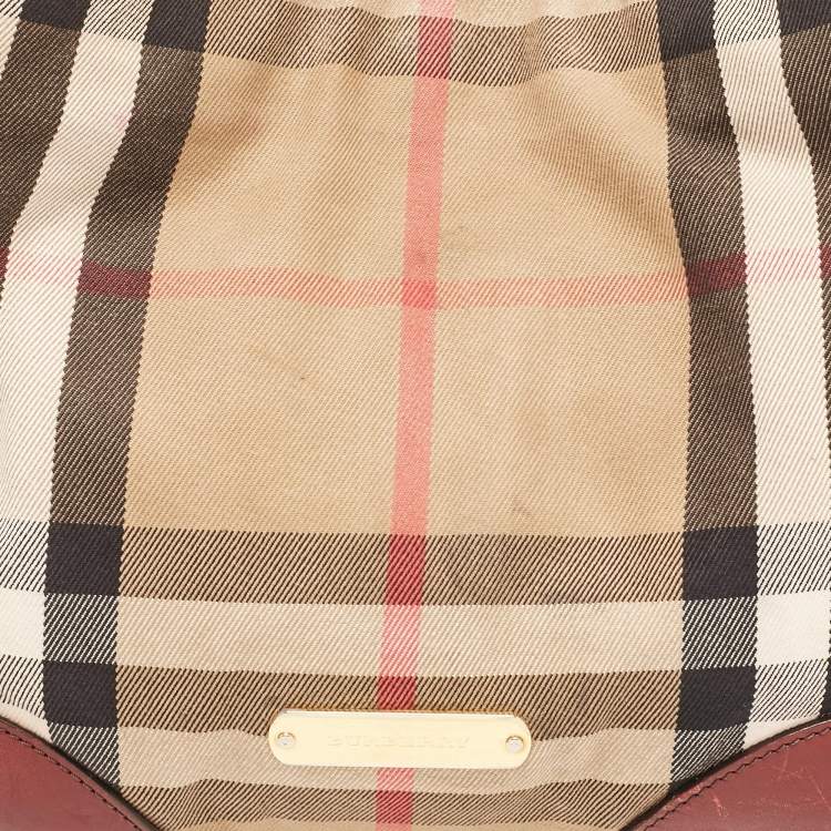Pre Owned Burberry Beige/Maroon Leather and House Check Fabric Small Canterbury Tote