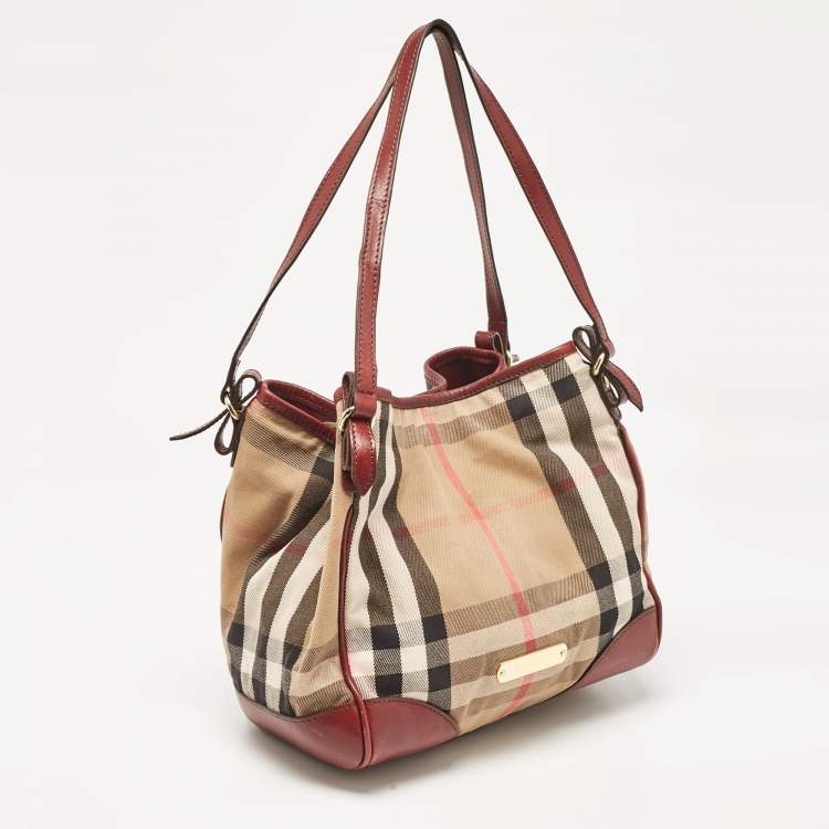 Pre Owned Burberry Beige/Maroon Leather and House Check Fabric Small Canterbury Tote