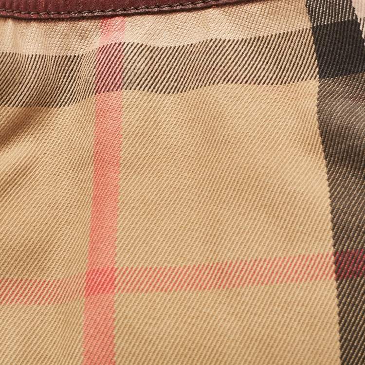 Pre Owned Burberry Beige/Maroon Leather and House Check Fabric Small Canterbury Tote