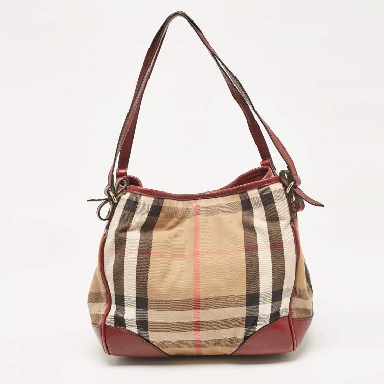 Pre Owned Burberry Beige/Maroon Leather and House Check Fabric Small Canterbury Tote