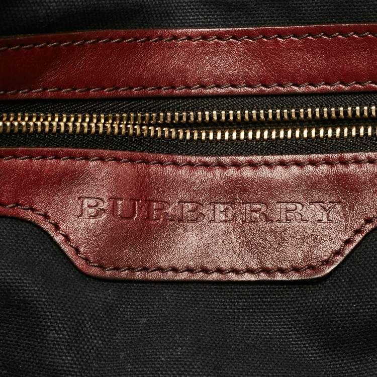 Pre Owned Burberry Beige/Maroon Leather and House Check Fabric Small Canterbury Tote
