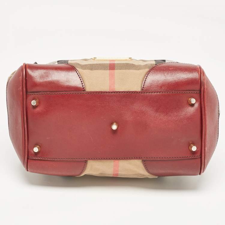 Pre Owned Burberry Beige/Maroon Leather and House Check Fabric Small Canterbury Tote