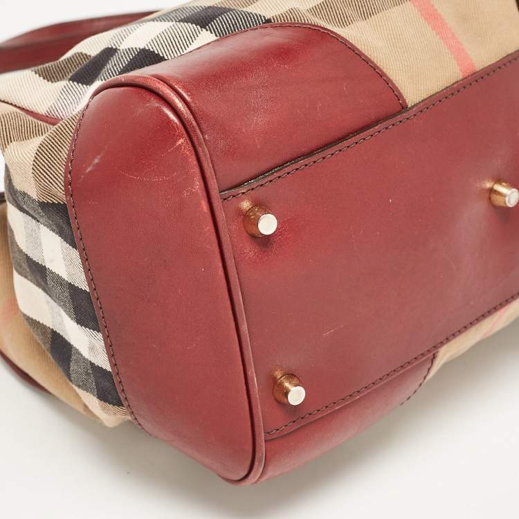 Pre Owned Burberry Beige/Maroon Leather and House Check Fabric Small Canterbury Tote
