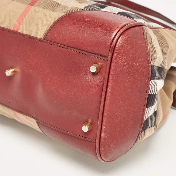 Pre Owned Burberry Beige/Maroon Leather and House Check Fabric Small Canterbury Tote