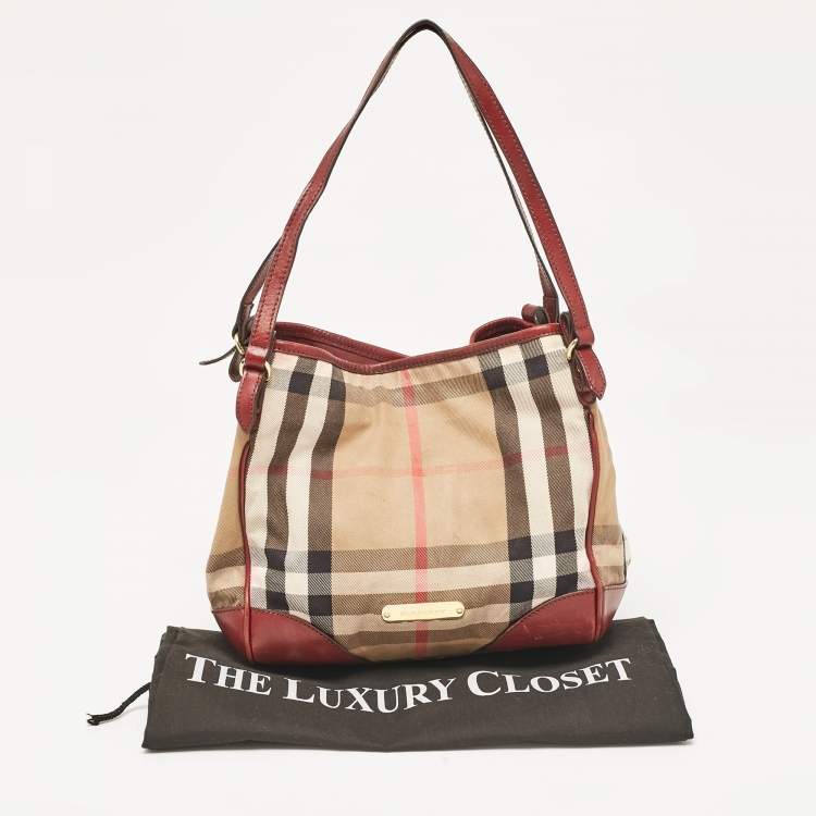 Pre Owned Burberry Beige/Maroon Leather and House Check Fabric Small Canterbury Tote