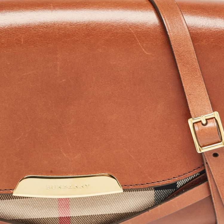Pre Owned Burberry Brown/Beige House Check Canvas and Leather Abbott Shoulder Bag