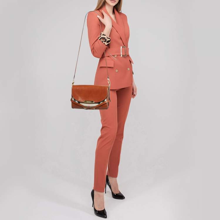 Pre Owned Burberry Brown/Beige House Check Canvas and Leather Abbott Shoulder Bag