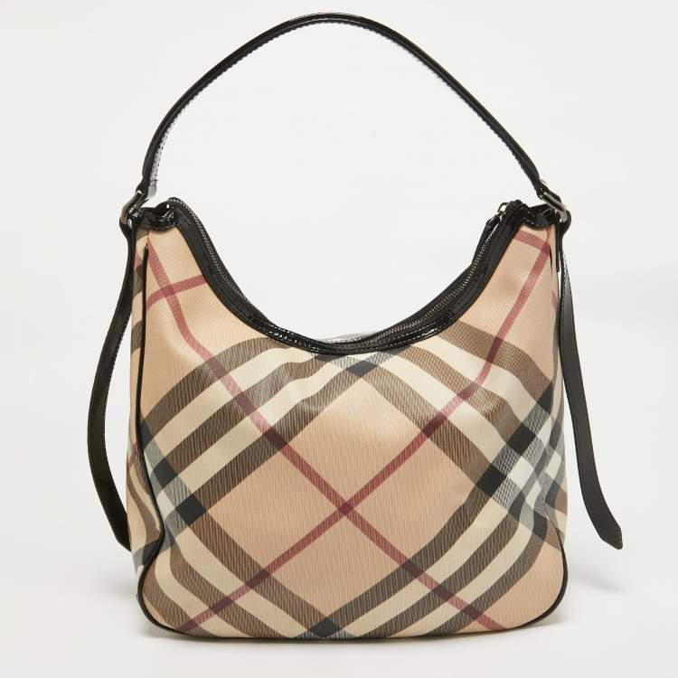 Pre Owned Burberry Black/Beige Nova Check Coated Canvas and Patent Leather Moore Hobo