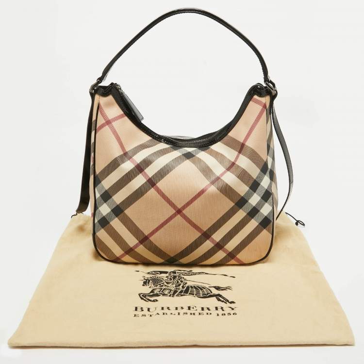 Pre Owned Burberry Black/Beige Nova Check Coated Canvas and Patent Leather Moore Hobo