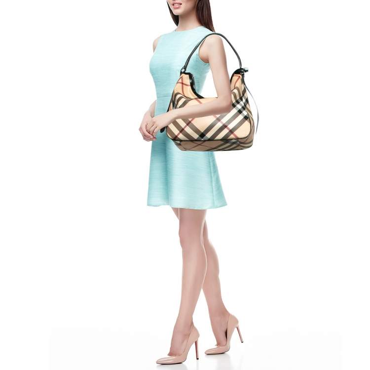 Pre Owned Burberry Black/Beige Nova Check Coated Canvas and Patent Leather Moore Hobo