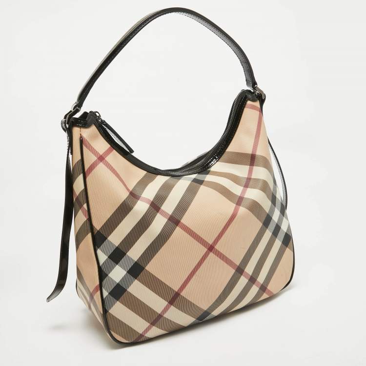Pre Owned Burberry Black/Beige Nova Check Coated Canvas and Patent Leather Moore Hobo