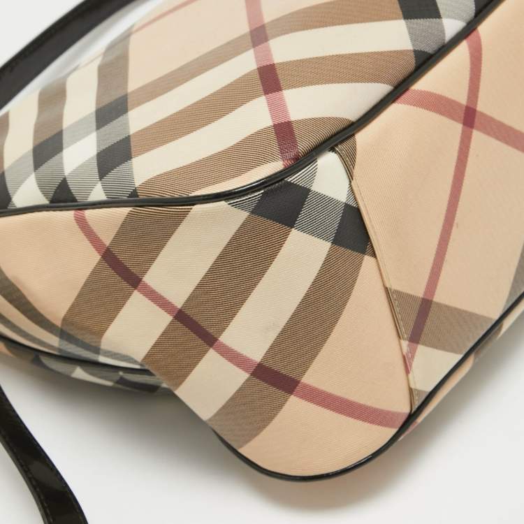 Pre Owned Burberry Black/Beige Nova Check Coated Canvas and Patent Leather Moore Hobo
