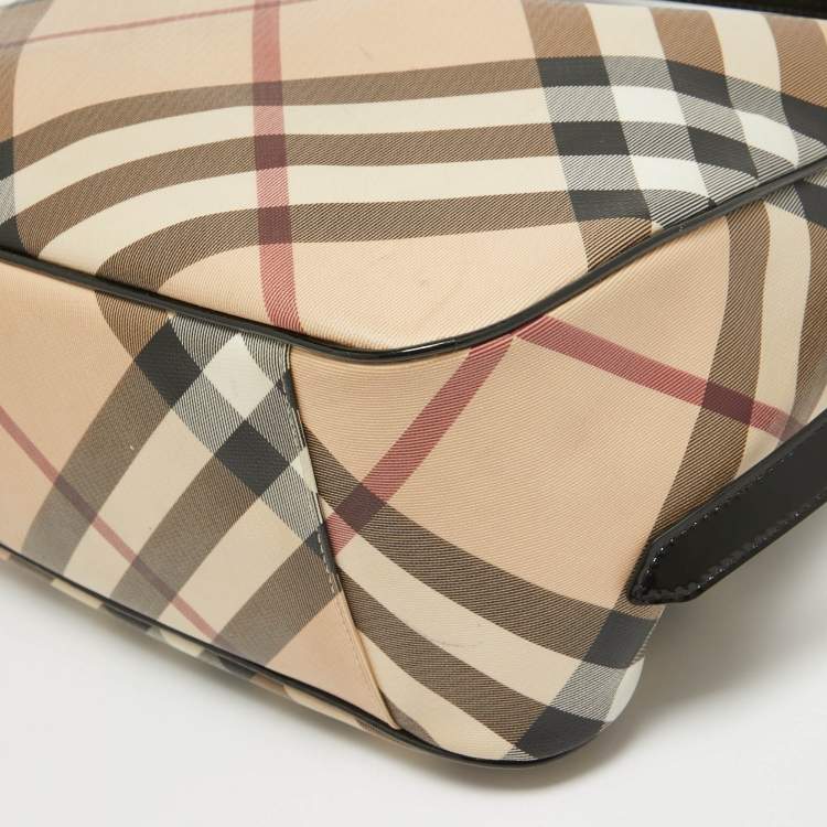 Pre Owned Burberry Black/Beige Nova Check Coated Canvas and Patent Leather Moore Hobo