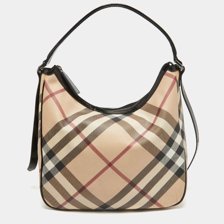 Pre Owned Burberry Black/Beige Nova Check Coated Canvas and Patent Leather Moore Hobo