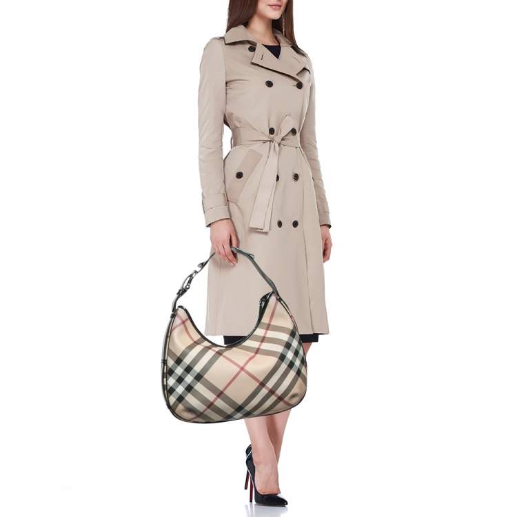 Pre Owned Burberry Black/Beige Nova Check Coated Canvas and Patent Leather Barton Hobo