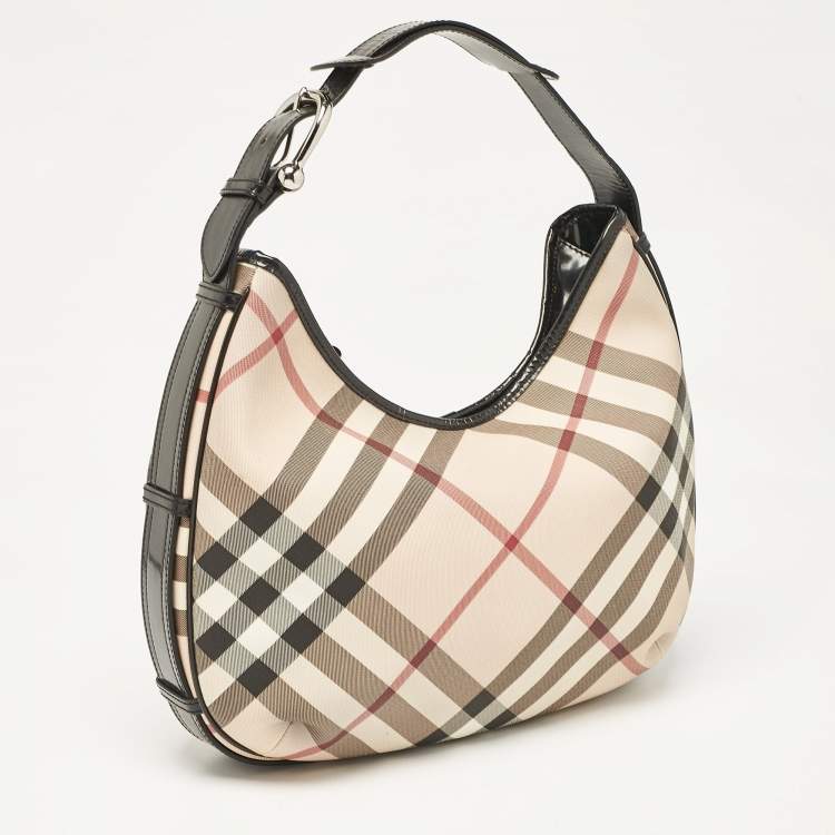 Pre Owned Burberry Black/Beige Nova Check Coated Canvas and Patent Leather Barton Hobo