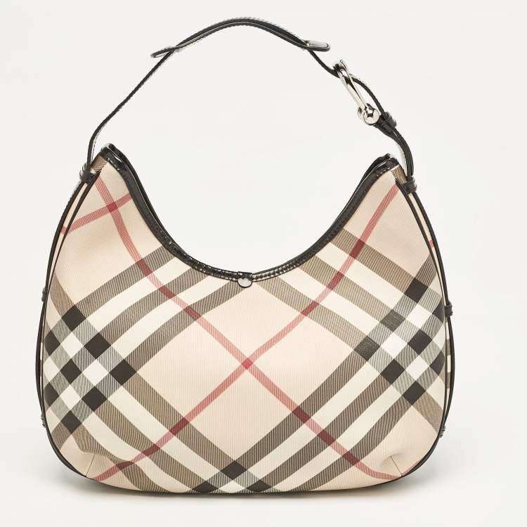 Pre Owned Burberry Black/Beige Nova Check Coated Canvas and Patent Leather Barton Hobo