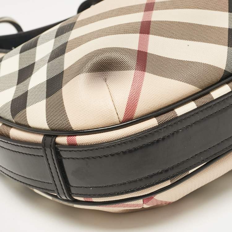 Pre Owned Burberry Black/Beige Nova Check Coated Canvas and Patent Leather Barton Hobo