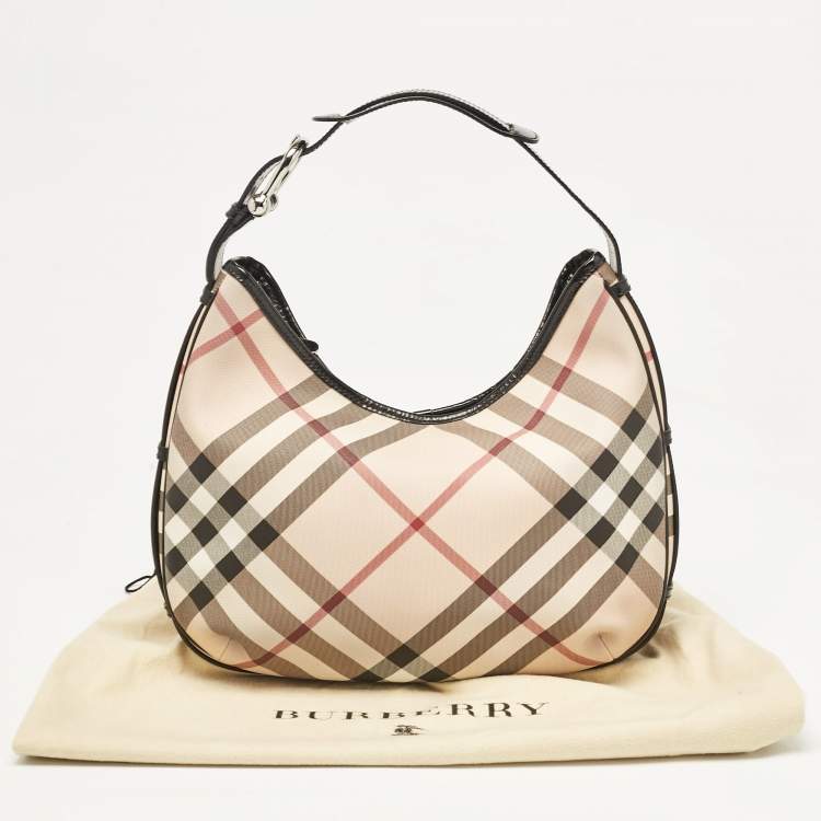 Pre Owned Burberry Black/Beige Nova Check Coated Canvas and Patent Leather Barton Hobo