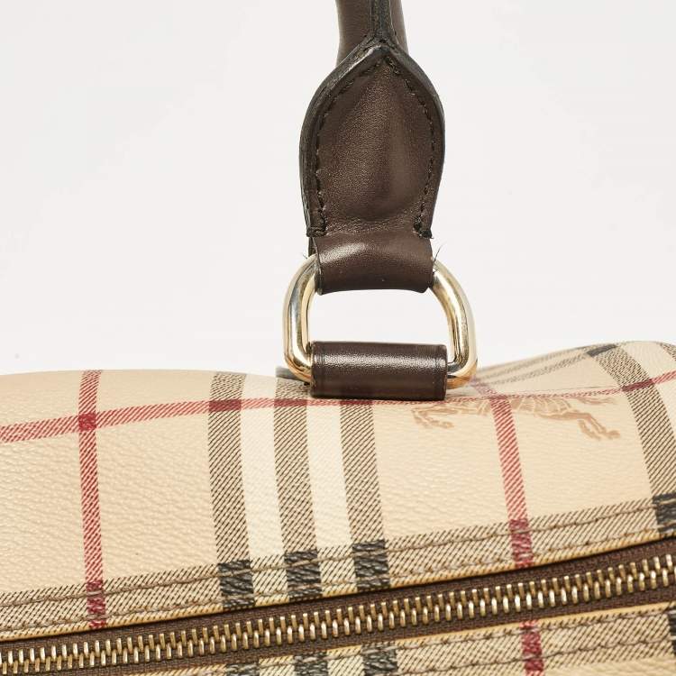 Pre Owned Burberry Beige/Brown Haymarket Check PVC and Leather Chester Boston Bag