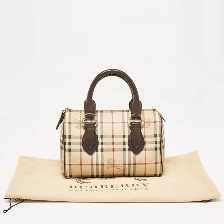 Pre Owned Burberry Beige/Brown Haymarket Check PVC and Leather Chester Boston Bag