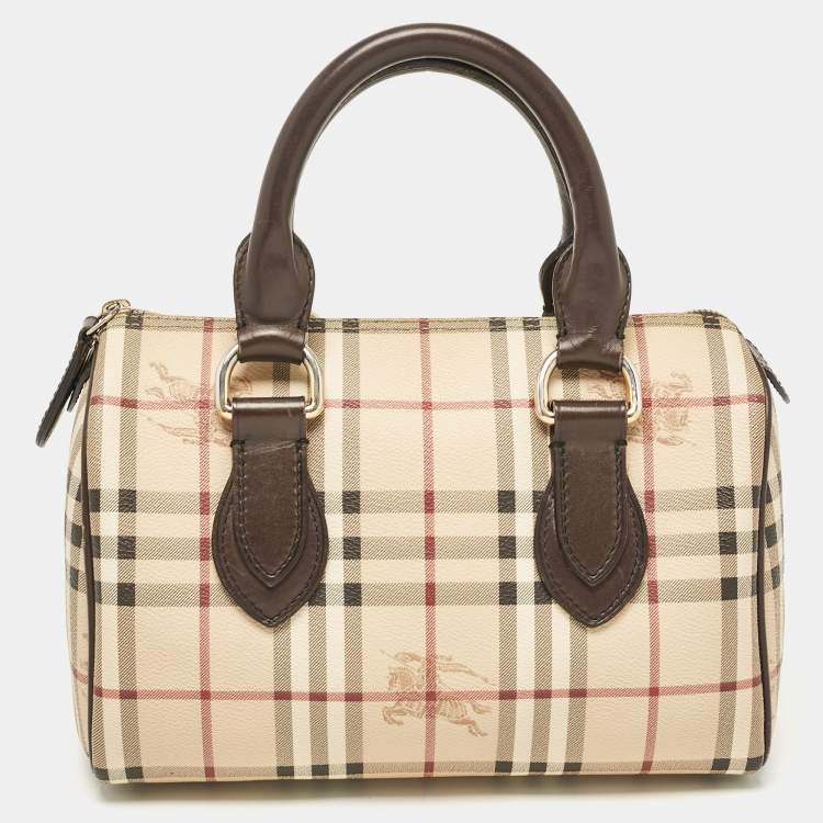 Pre Owned Burberry Beige/Brown Haymarket Check PVC and Leather Chester Boston Bag