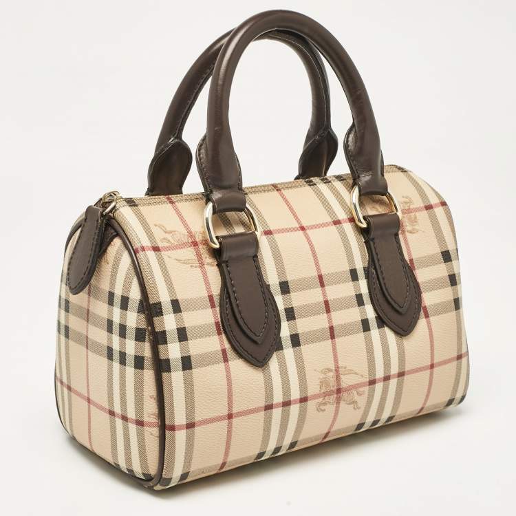 Pre Owned Burberry Beige/Brown Haymarket Check PVC and Leather Chester Boston Bag