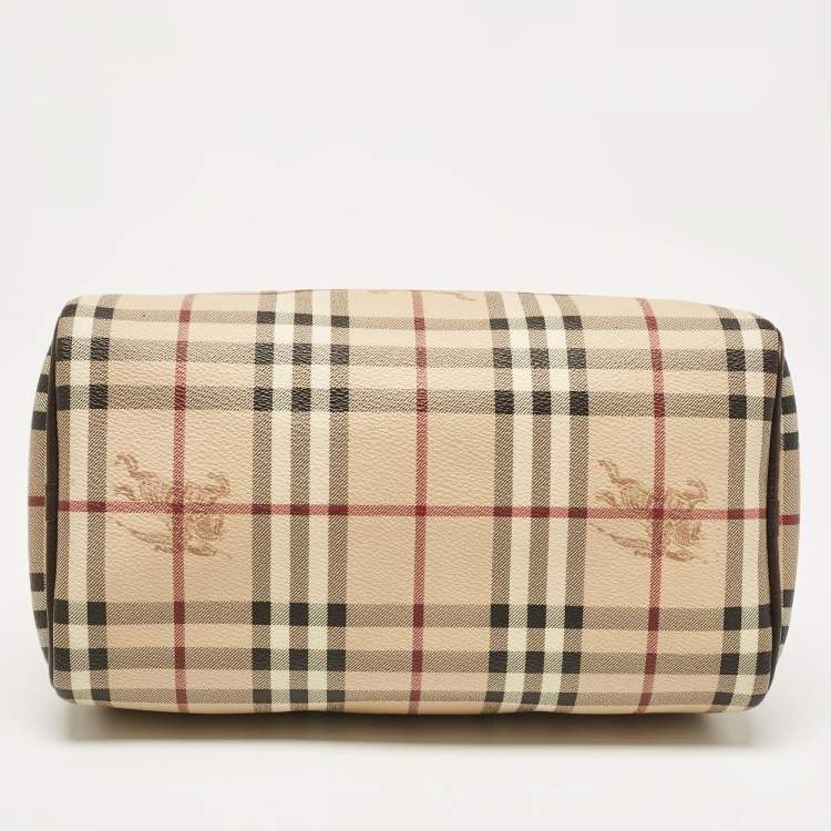 Pre Owned Burberry Beige/Brown Haymarket Check PVC and Leather Chester Boston Bag