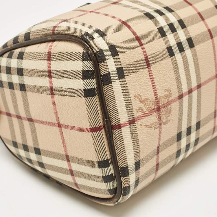 Pre Owned Burberry Beige/Brown Haymarket Check PVC and Leather Chester Boston Bag