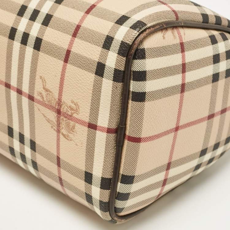 Pre Owned Burberry Beige/Brown Haymarket Check PVC and Leather Chester Boston Bag