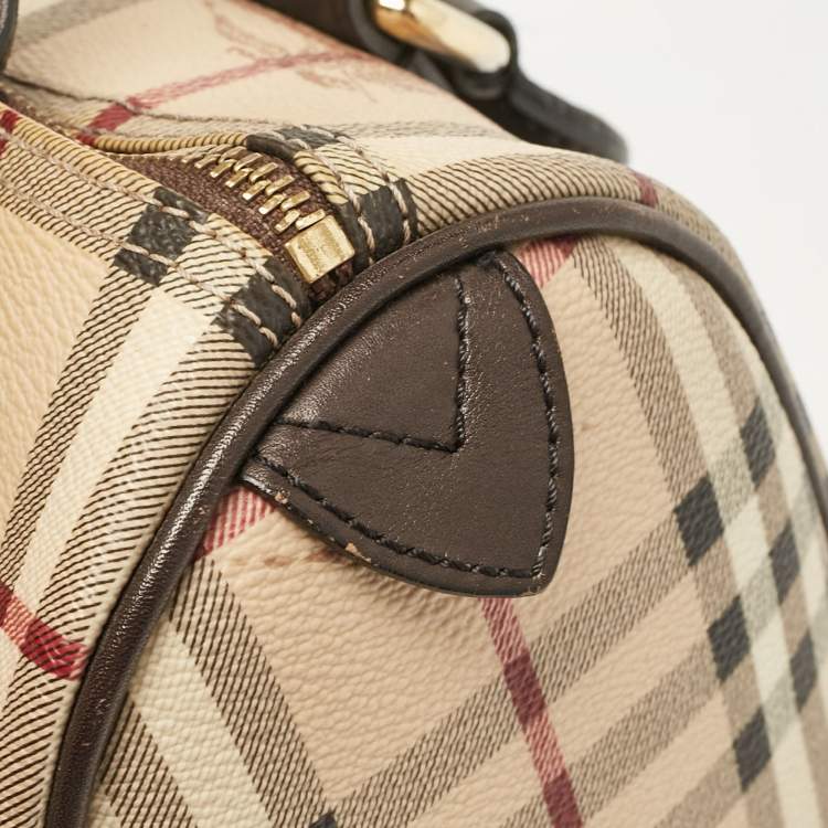 Pre Owned Burberry Beige/Brown Haymarket Check PVC and Leather Chester Boston Bag