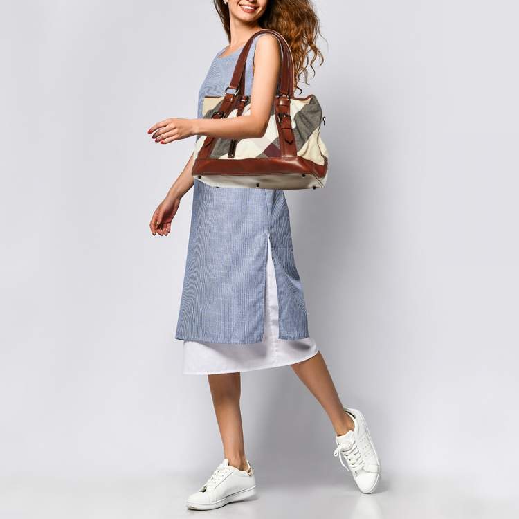 Pre Owned Burberry Brown Mega Check Canvas and Leather Lowry Tote