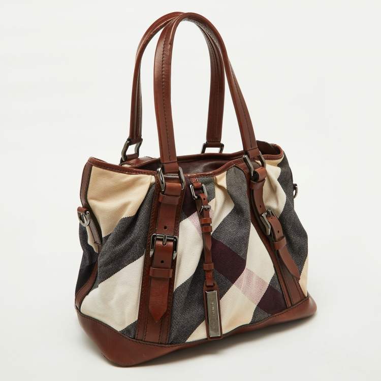 Pre Owned Burberry Brown Mega Check Canvas and Leather Lowry Tote