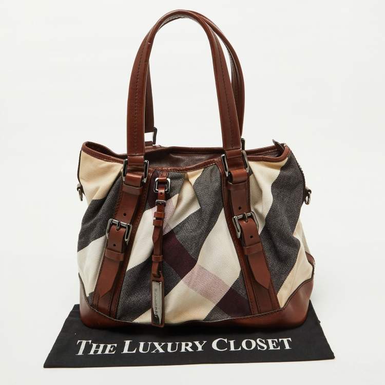 Pre Owned Burberry Brown Mega Check Canvas and Leather Lowry Tote