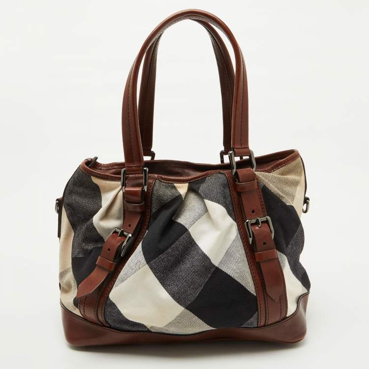 Pre Owned Burberry Brown Mega Check Canvas and Leather Lowry Tote